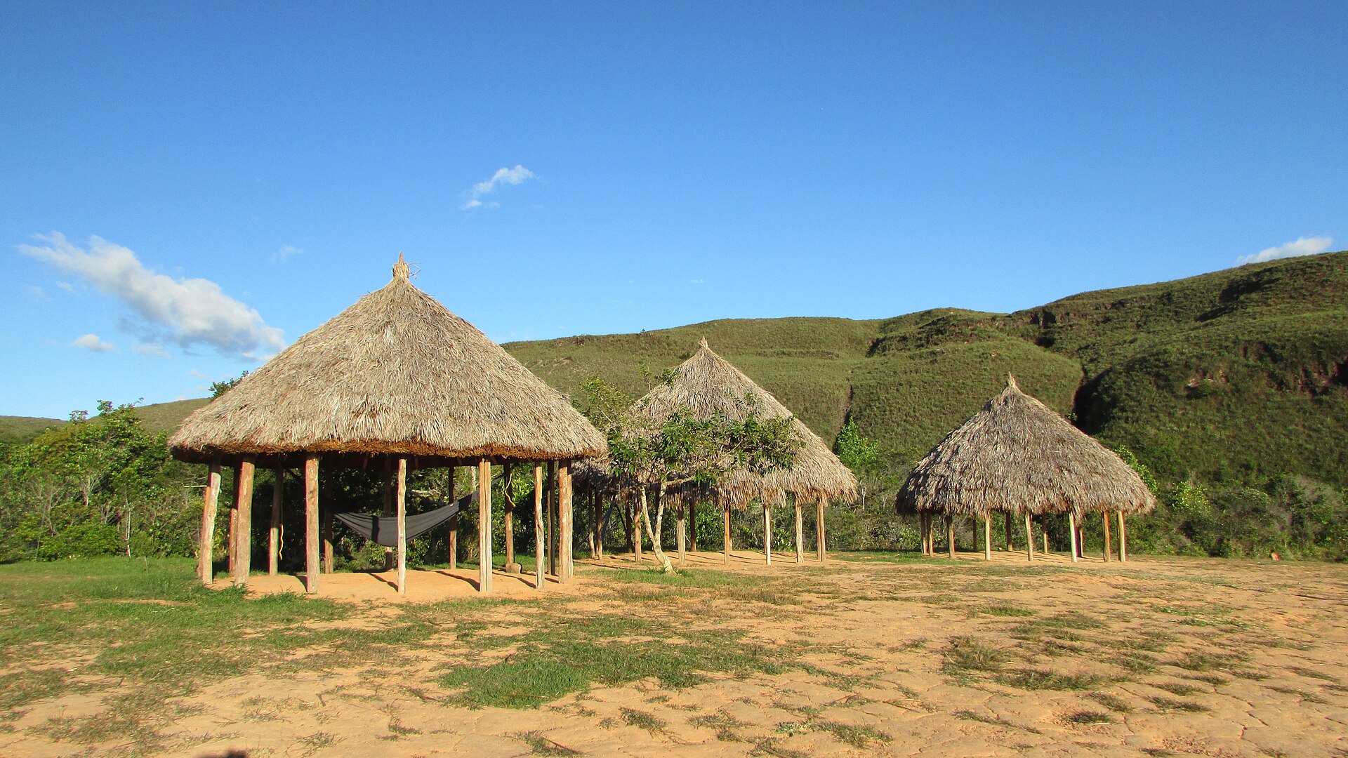 Thatched Pemon churuata huts standing on open green savanna in the Gran Sabana under a blue sky