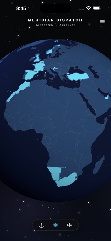 The app's private globe of visited countries.