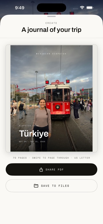 The app exporting a trip as a photobook, with Share PDF and Save to Files.