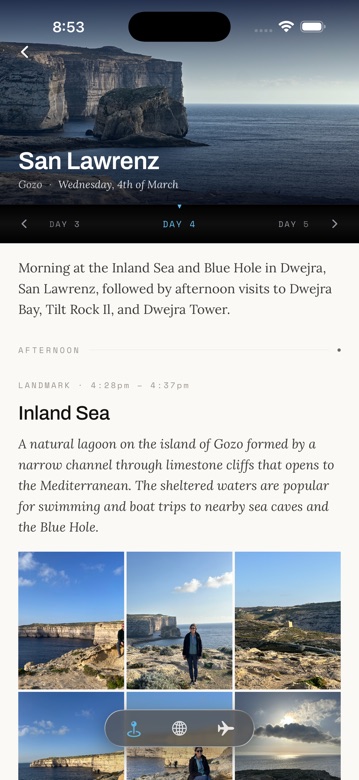 A written day in the app, with a place entry and a photo grid.