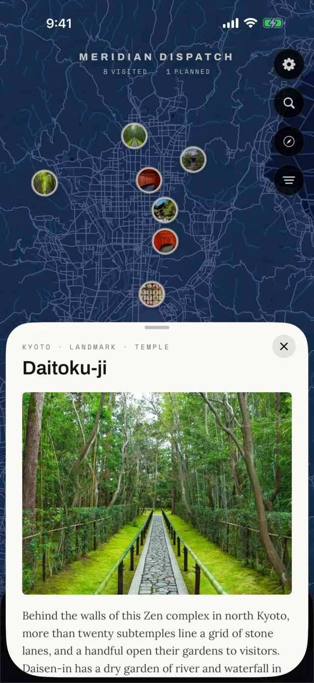 Exploring Kyoto on the app's globe: photographed places pinned on the map, with the card for Daitoku-ji open.