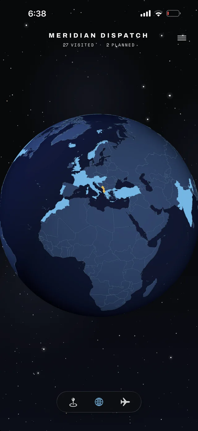 The app's private globe: 27 countries visited lit in blue, 2 planned in gold, on a dark globe.