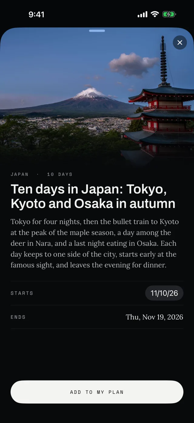 An AI itinerary link opened in the app: ten days in Japan, Tokyo, Kyoto and Osaka in autumn, with its dates and an Add to my plan button.