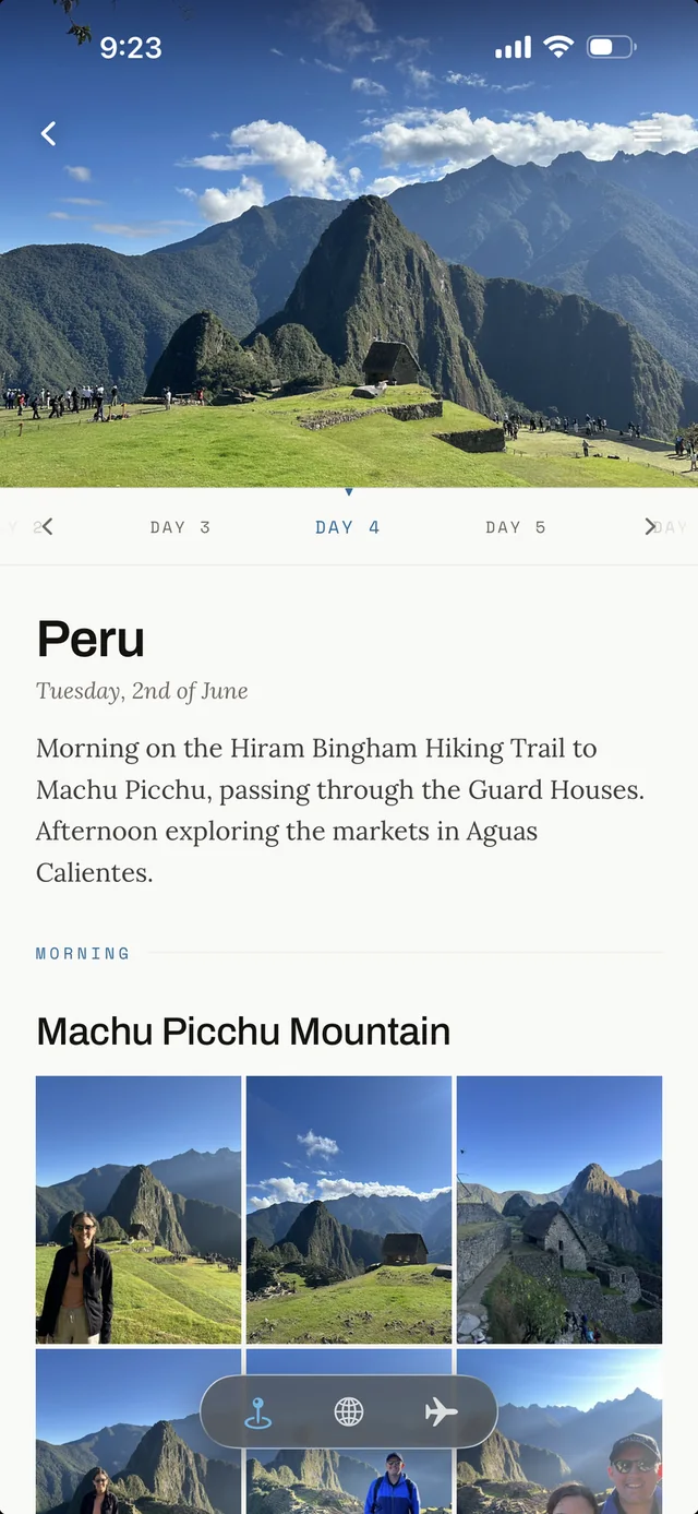 A day page in the journal: Peru, Tuesday 2nd of June, morning at Machu Picchu Mountain with a photo grid.