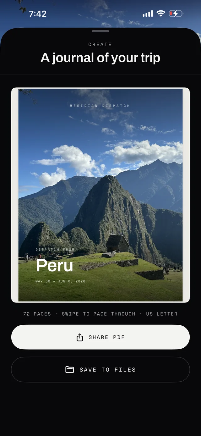 The photobook export: a 72-page journal of a Peru trip, ready to share as a PDF or save to Files.