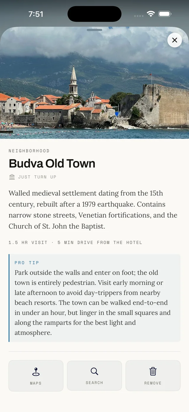 A suggestion in the app: Budva Old Town, with a verdict, an honest visit length, and a pro tip.
