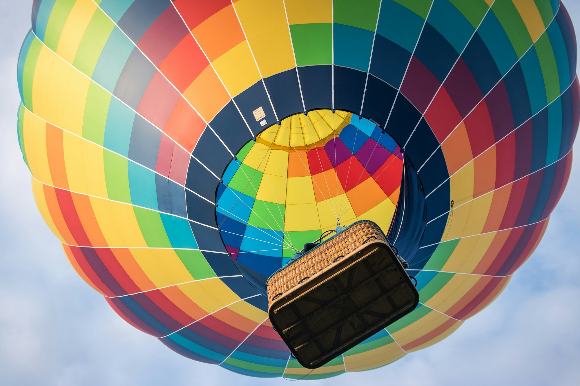 The canopy of a hot-air balloon seen from directly below over Bagan