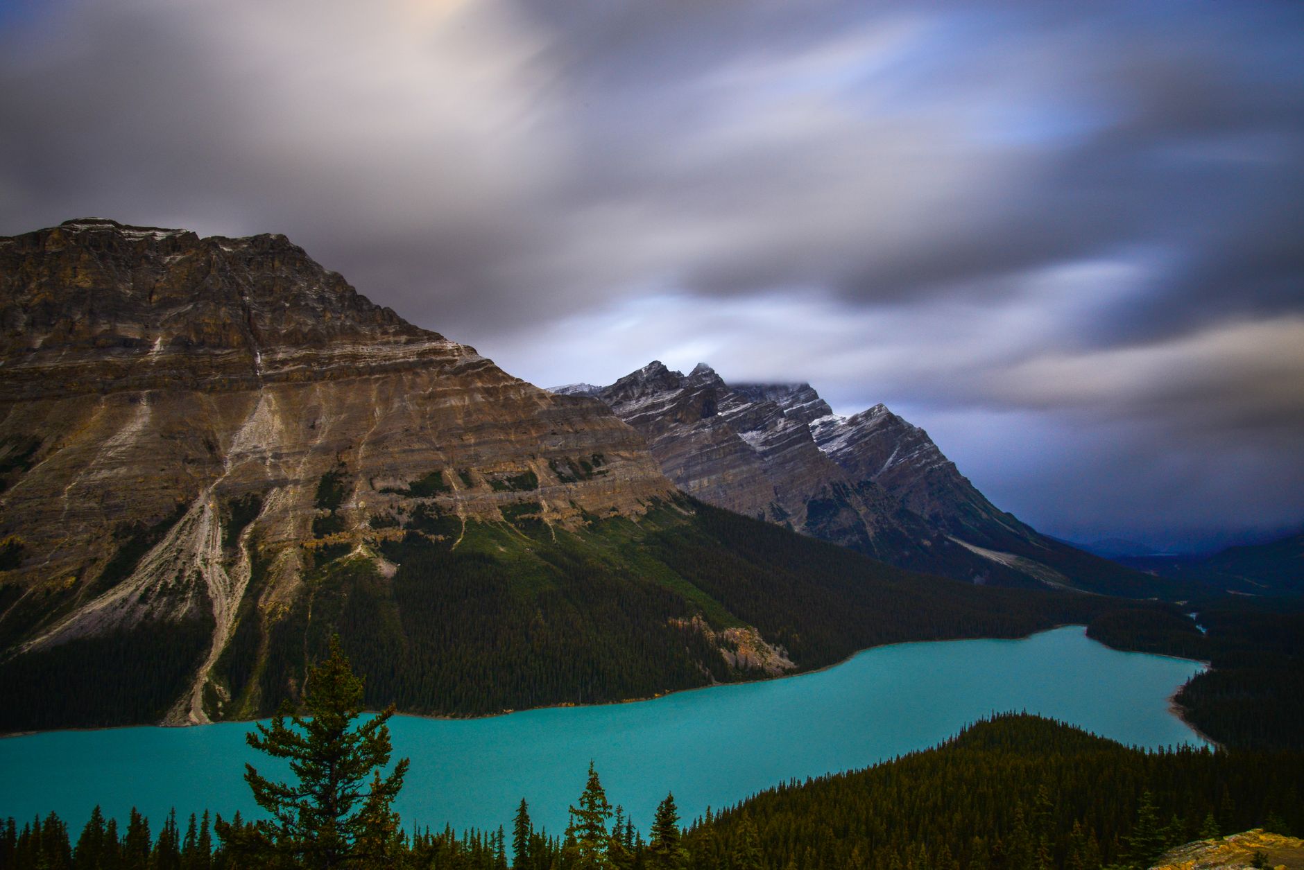 The bright turquoise water of Peyto Lake seen from above between forested mountain slopes