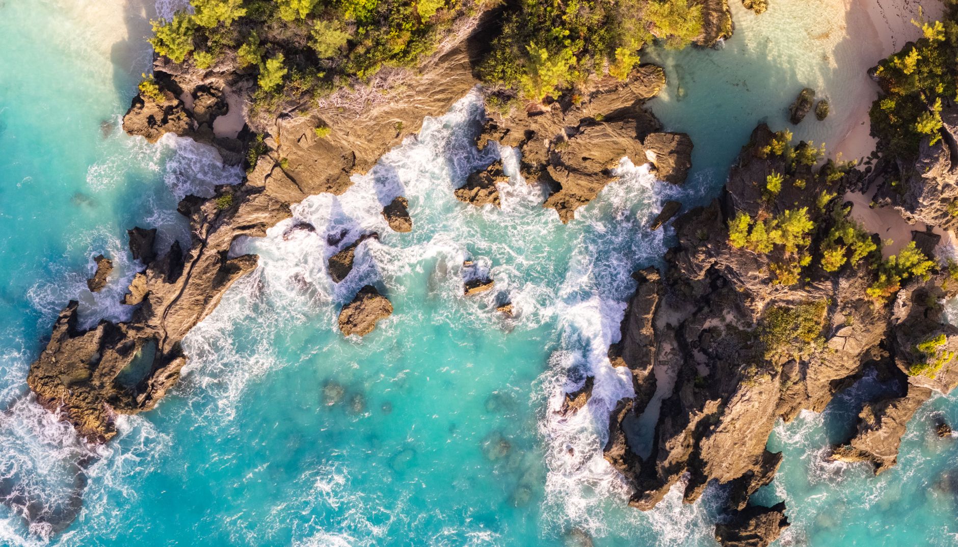 Aerial view of a rocky Bermudian shoreline, white surf breaking over tan limestone ledges with low green vegetation above and turquoise water beyond