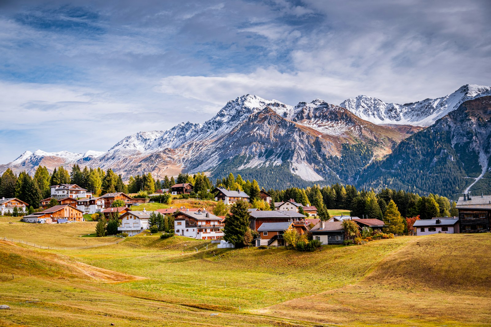 The car-free village of Murren on a shelf above the valley