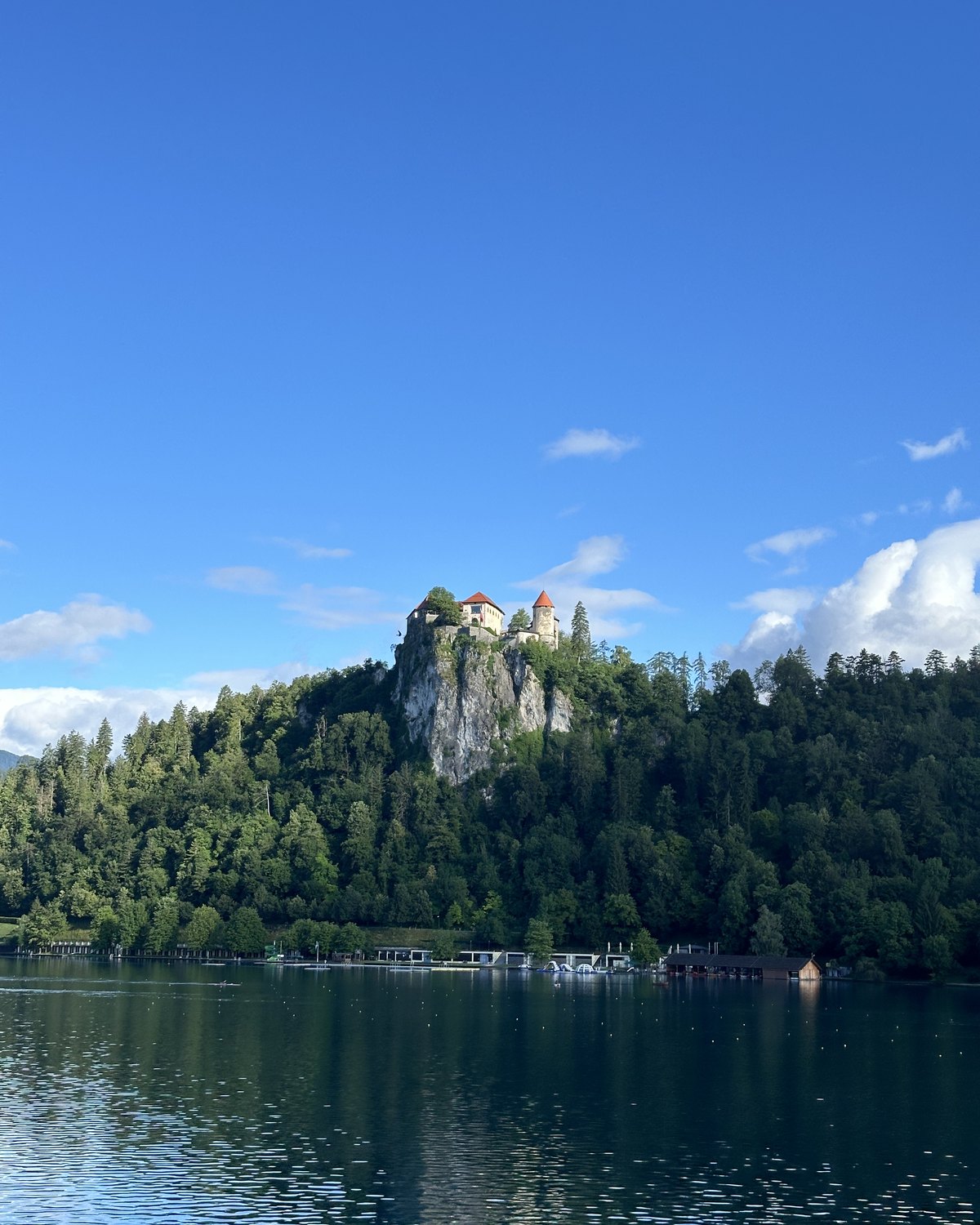 Bled Castle on its cliff above the lake, red-roofed towers on a grey crag over the water