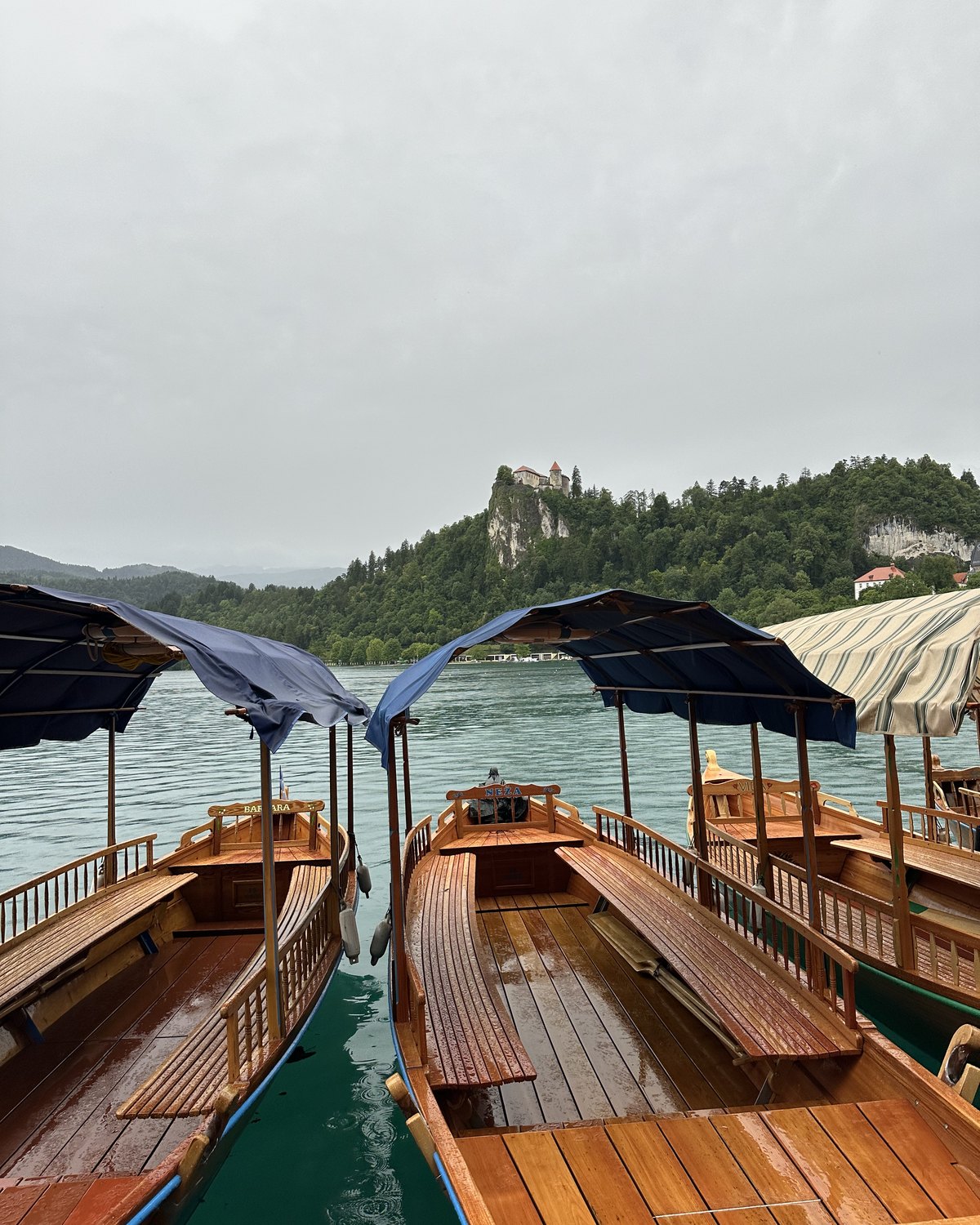 Wooden pletna boats with awnings moored at the shore of Lake Bled under a grey sky, the castle on its cliff behind