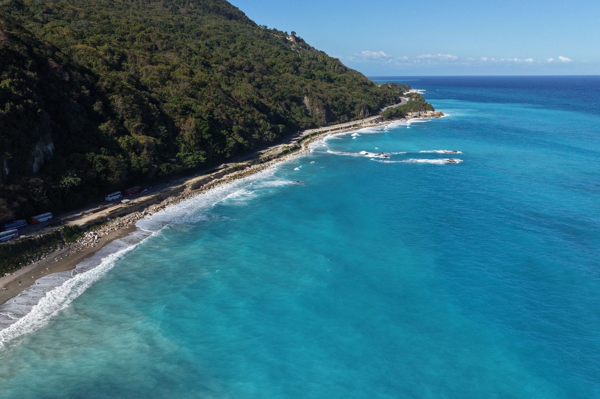 An aerial view of a dark volcanic beach and turquoise water below a steep forested headland in Dominica