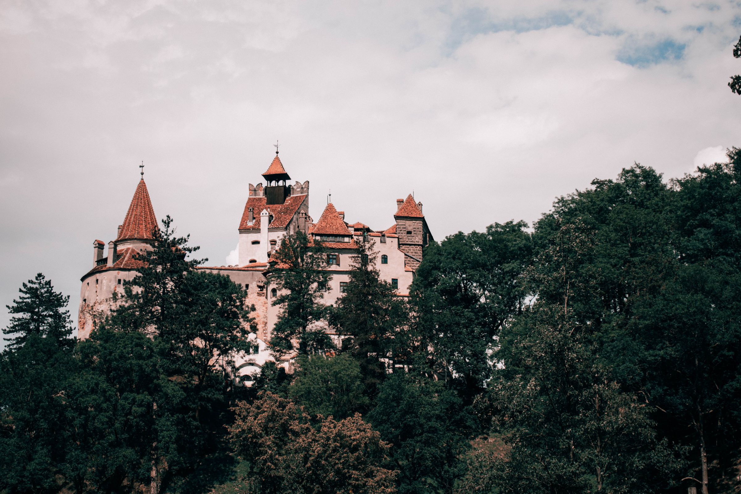 Bran Castle's white towers and red-tiled roofs rising above a forested slope under a grey sky