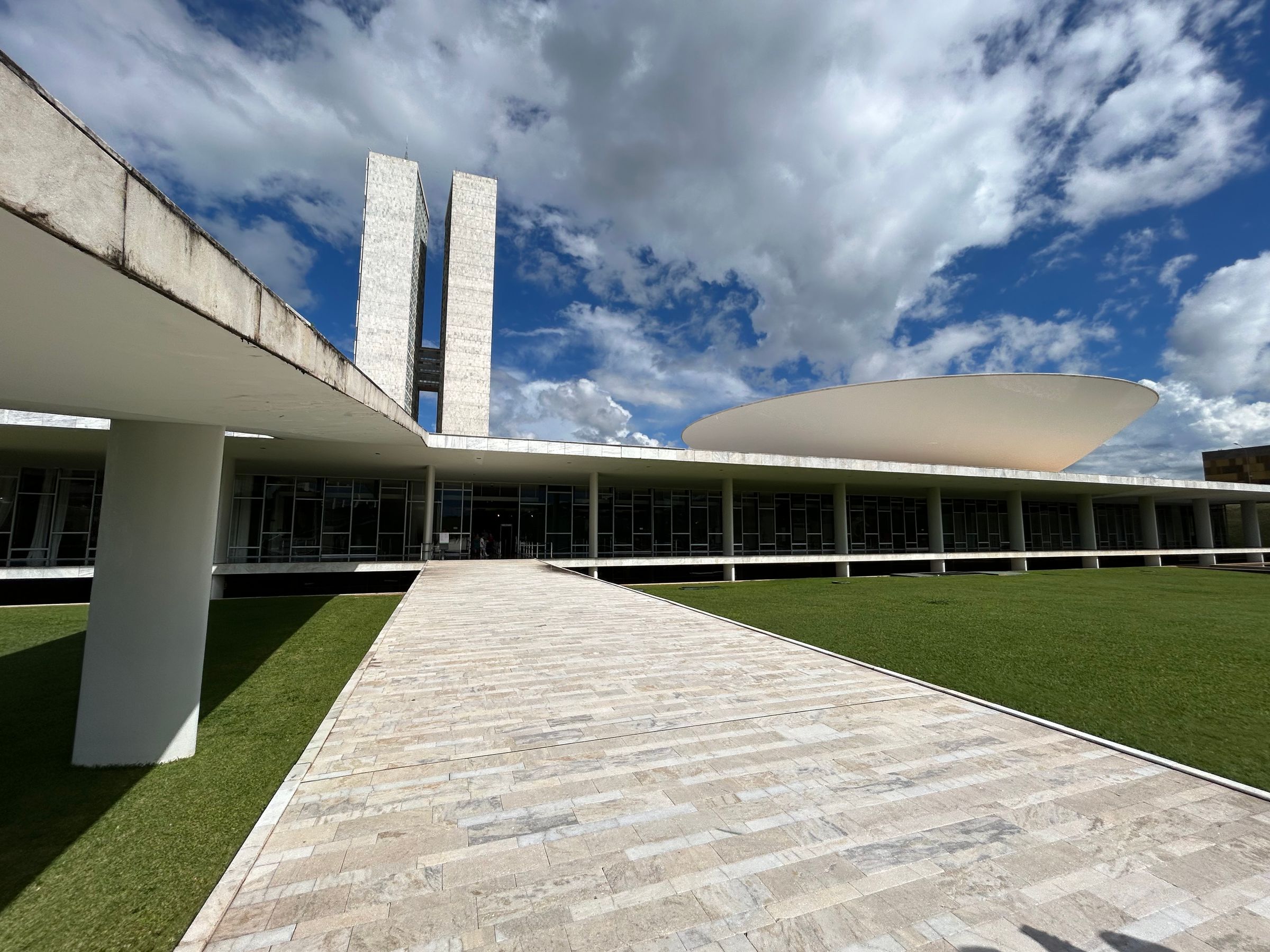 Niemeyer's National Congress in Brasília: the twin towers and the upturned bowl of the Chamber of Deputies above the colonnade