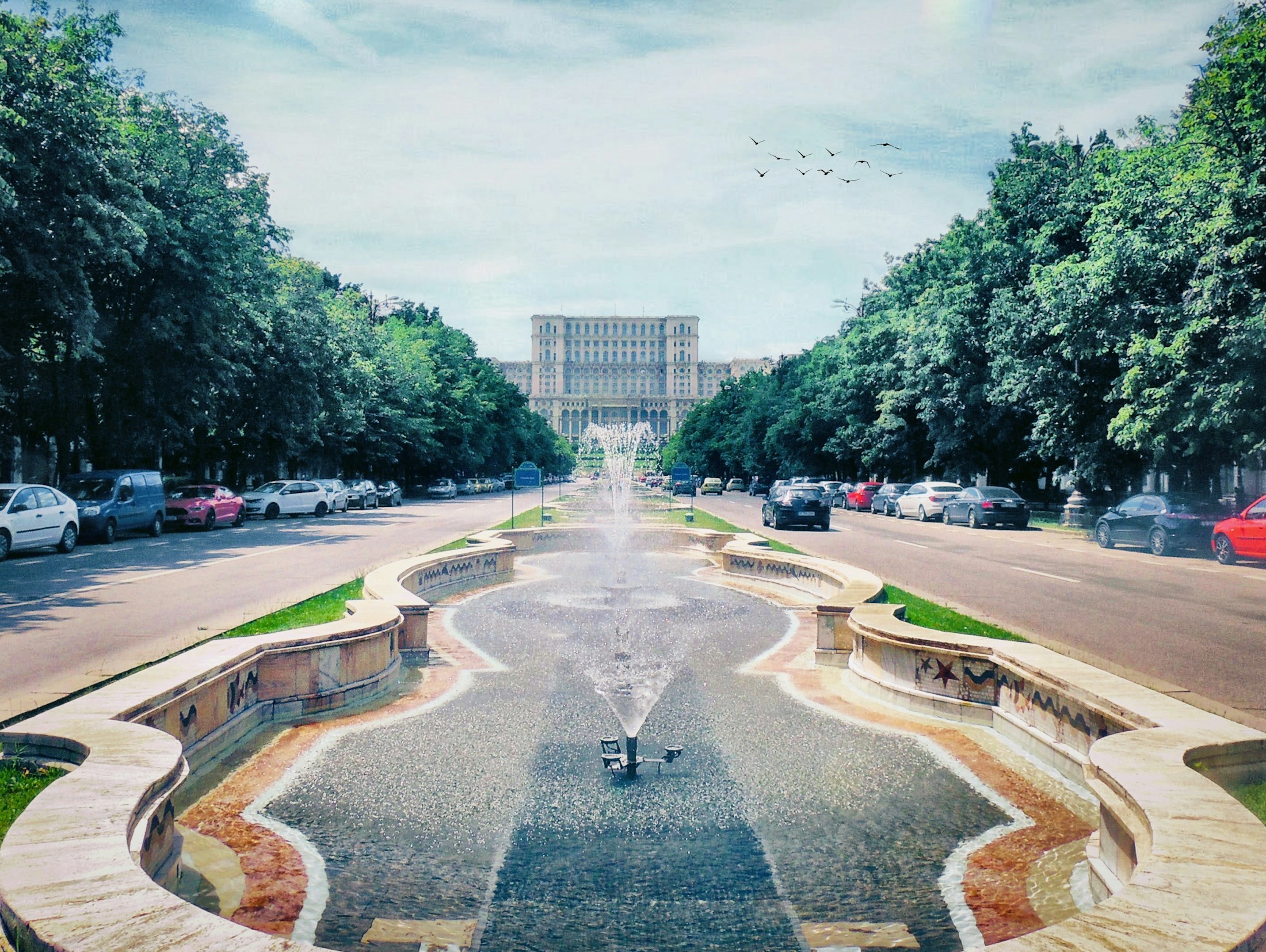 The fountains on the Unirii axis running west towards the Palace of the Parliament