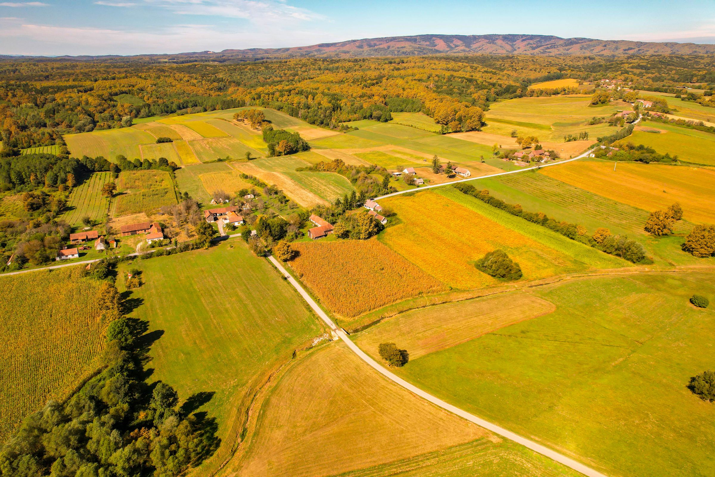 An aerial patchwork of cultivated fields and small villages on a flat karst plain in autumn