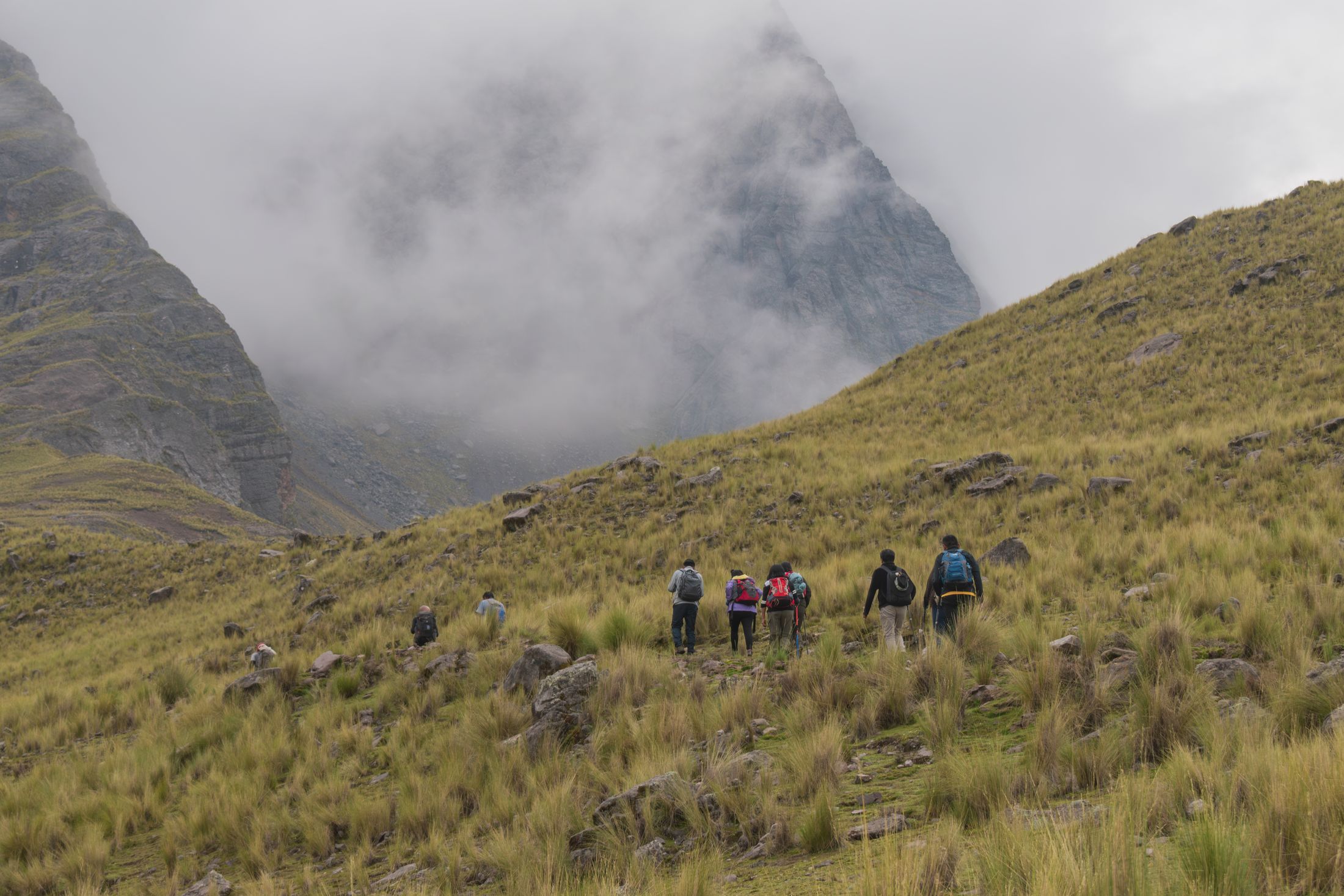 A line of trekkers on a high golden-grass trail toward a cloud-covered peak in the Peruvian Andes