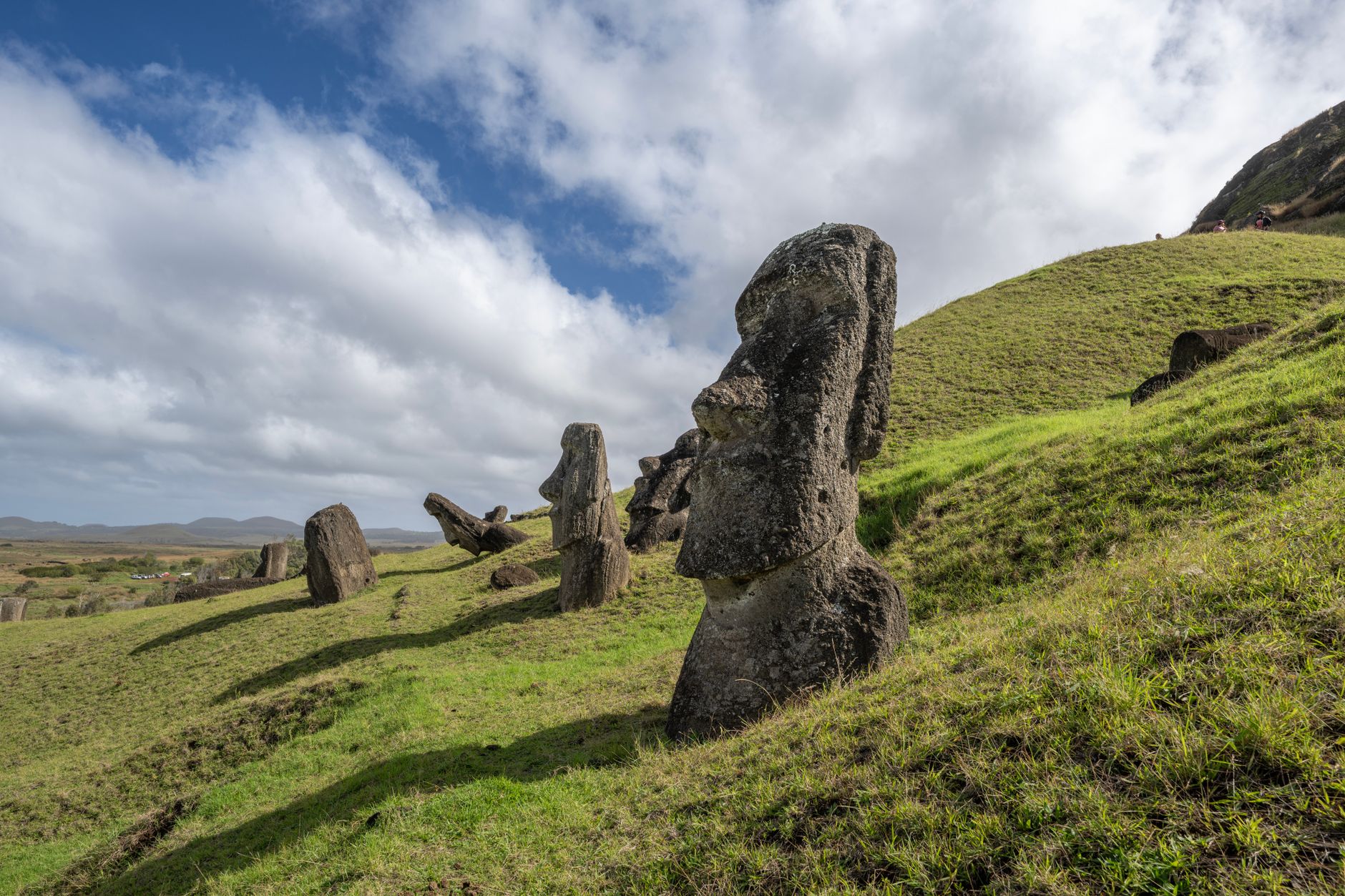 Moai scattered across the green outer slope of the Rano Raraku quarry under a bright sky