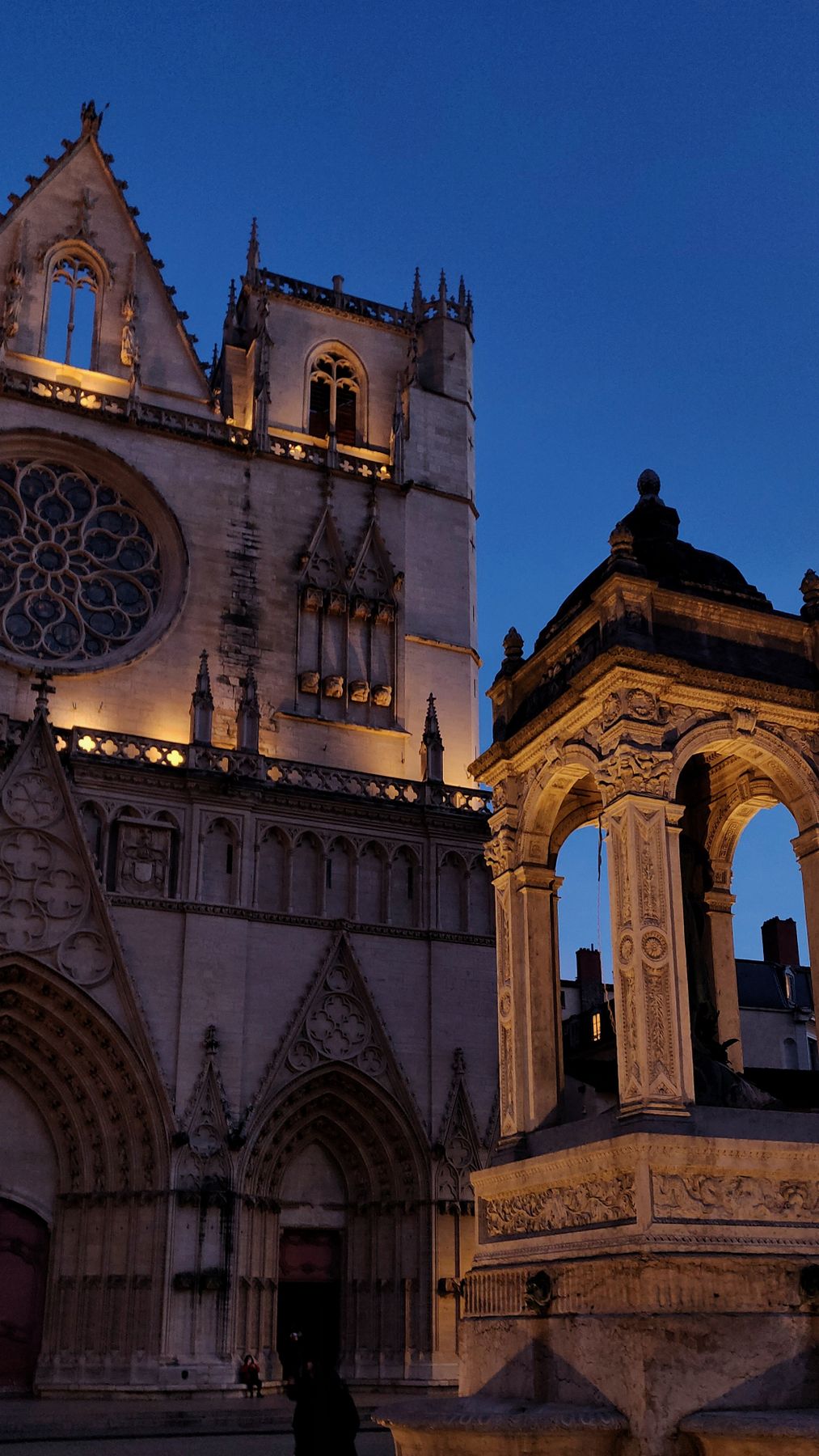 The Gothic front of the cathedral of Saint-Jean in Lyon at dusk