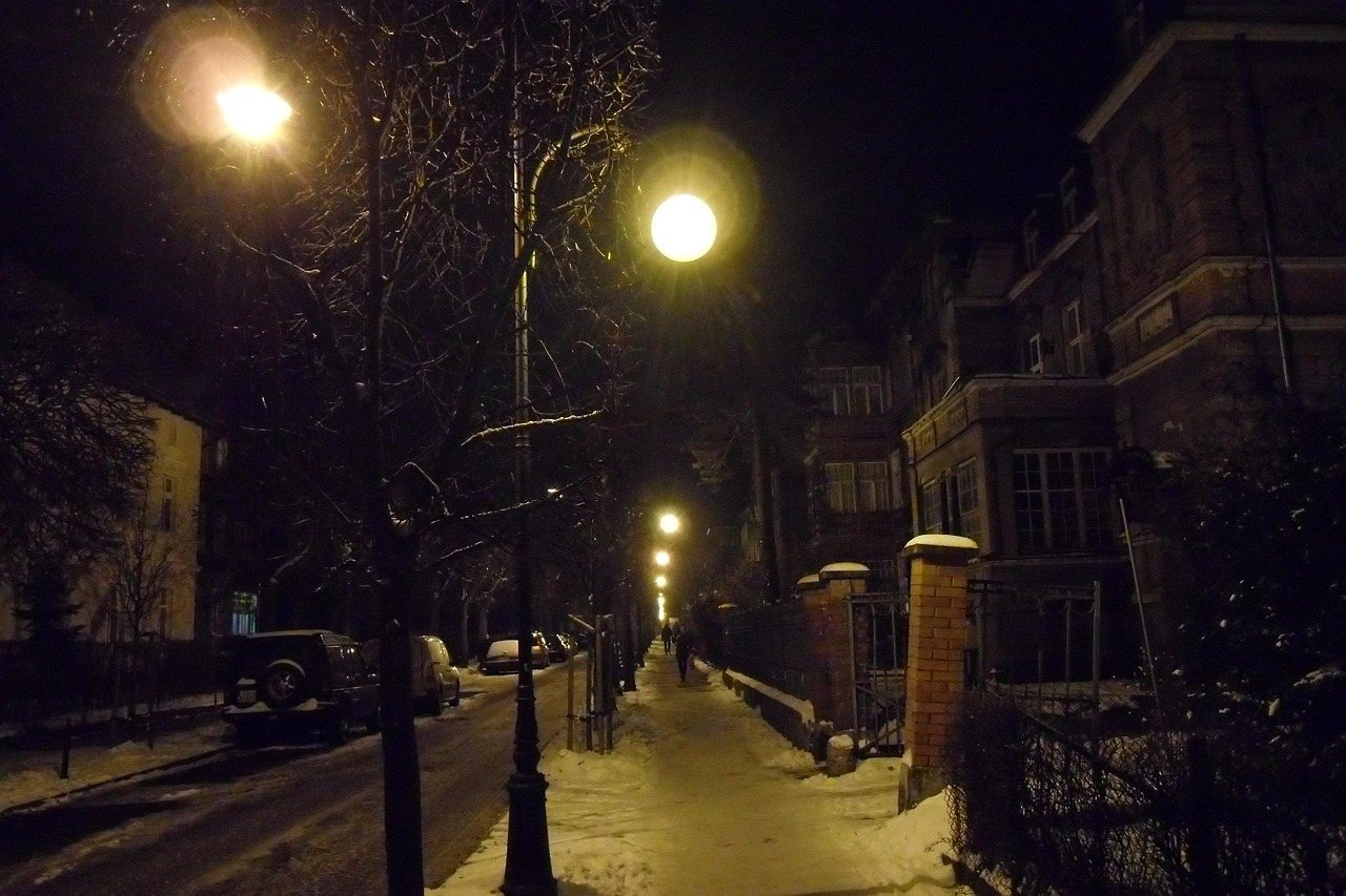 Street lamps in the snow in Gdańsk