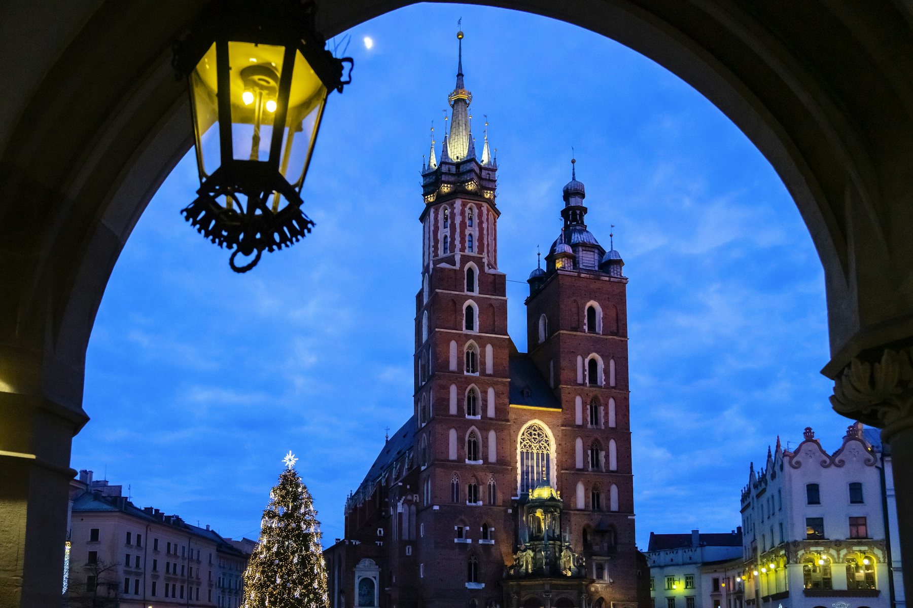 St Mary's Basilica and a Christmas tree at dusk, seen through an arch on the main square