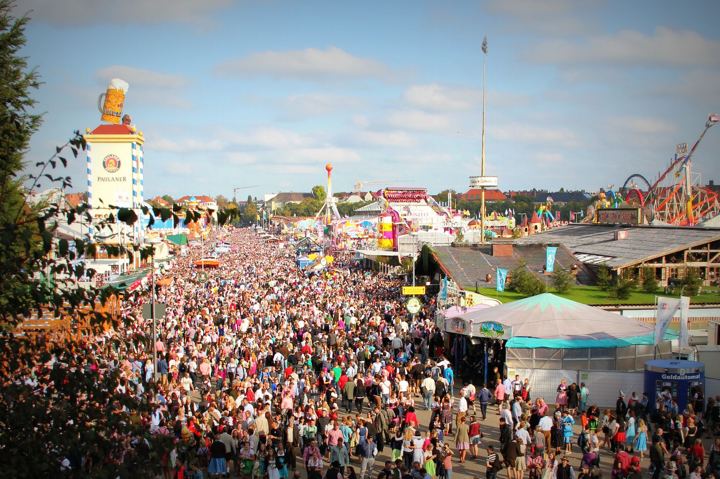 The Oktoberfest grounds on the Theresienwiese in Munich, crowded between the beer tents