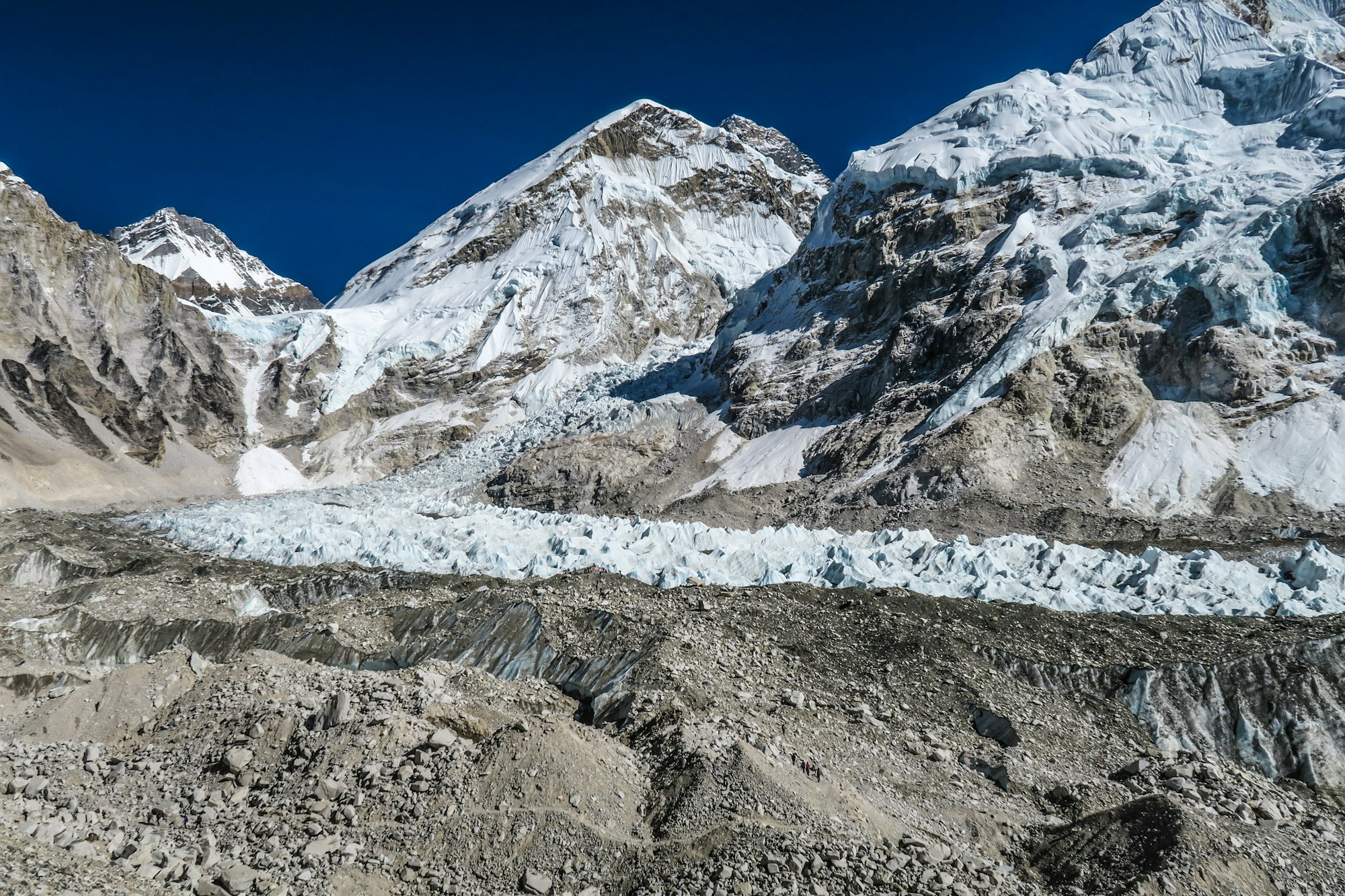 The broken seracs of the Khumbu Icefall above Everest Base Camp