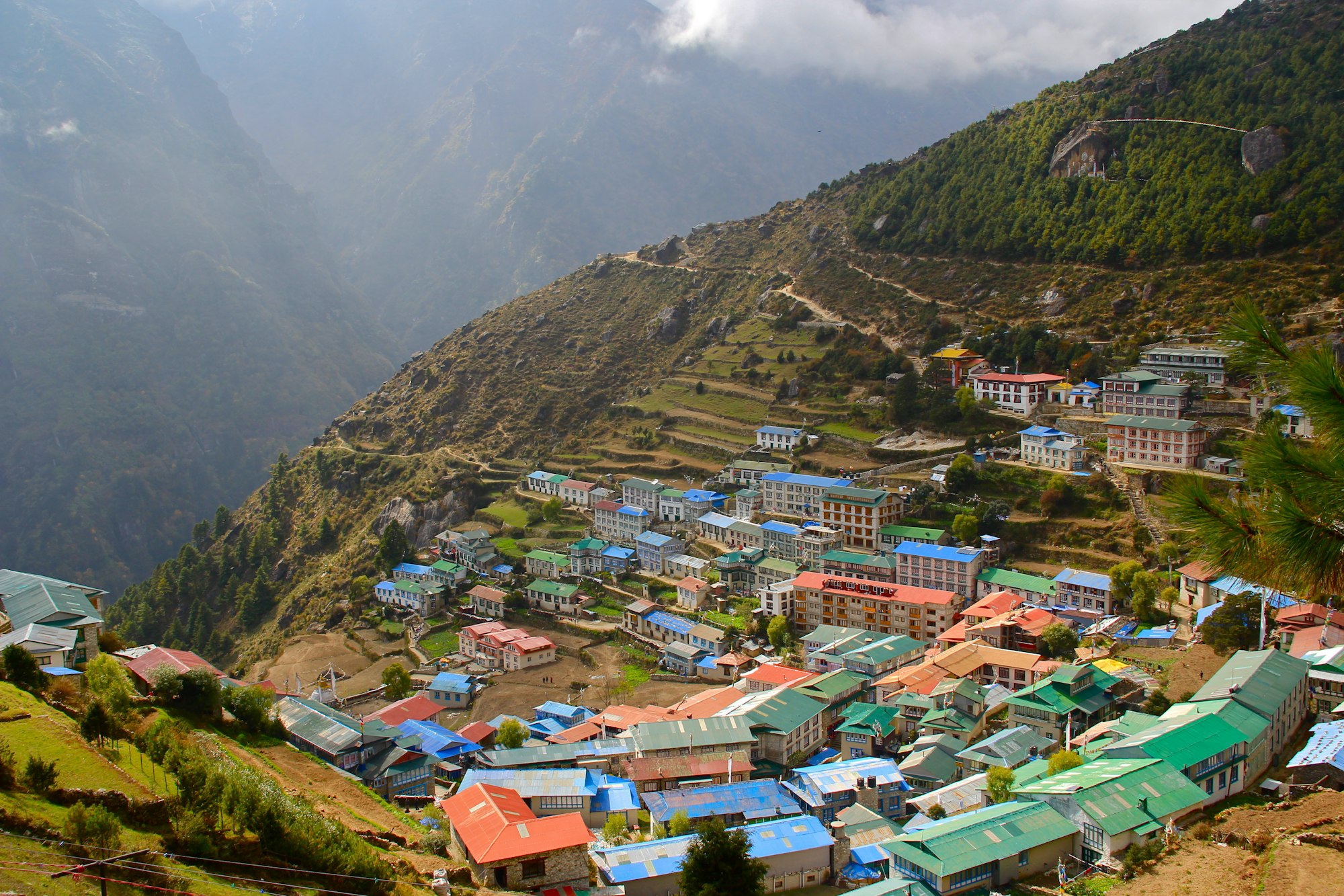 The coloured tin roofs of Namche Bazaar terraced up a steep Himalayan hillside