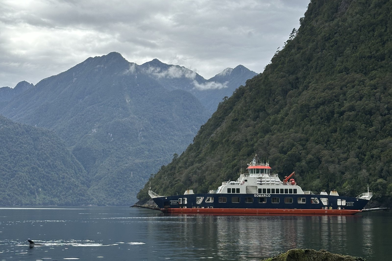 A Patagonian car ferry crossing a still fjord between forested mountains on the way south to Futaleufu