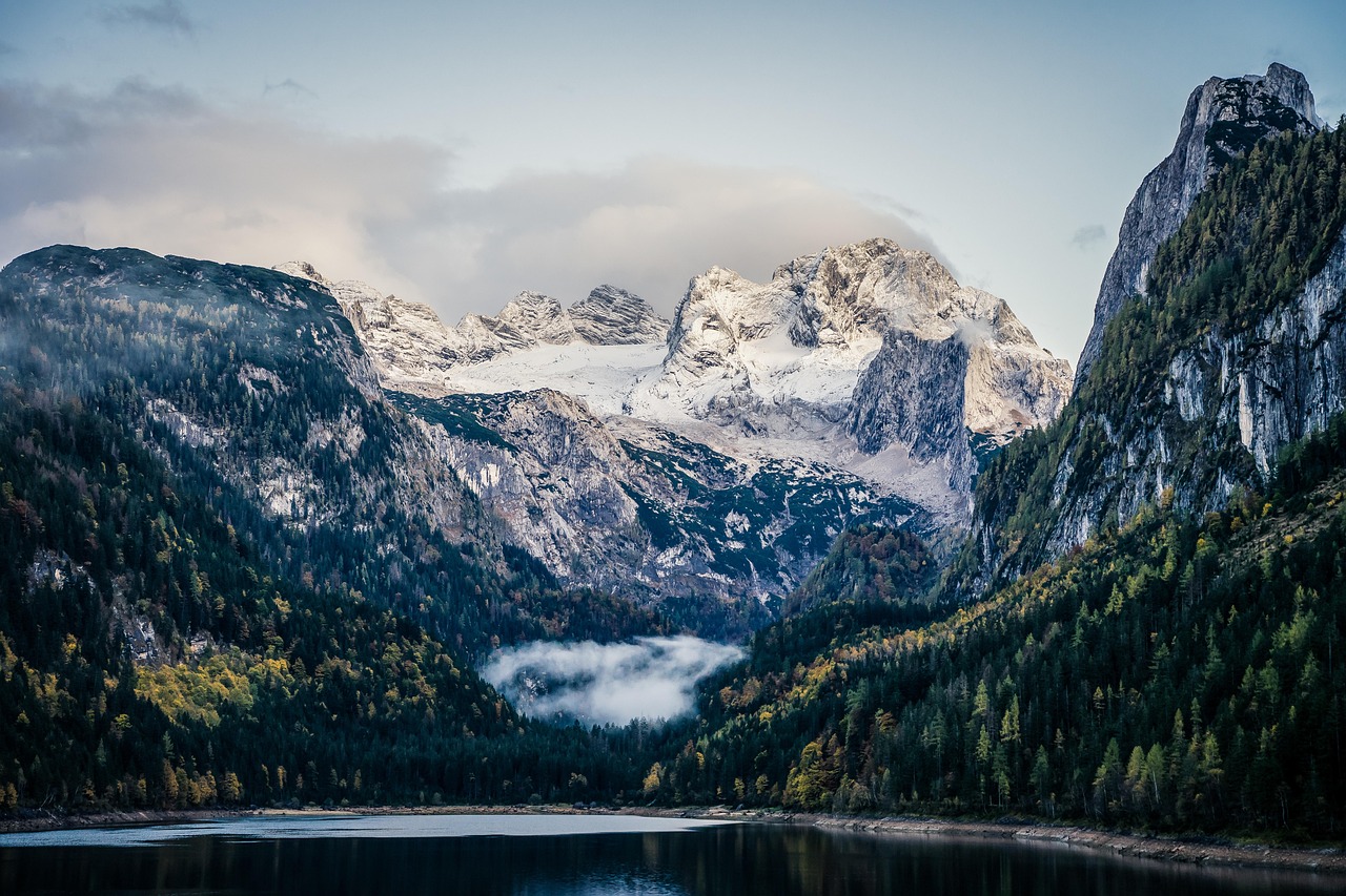 The Gosausee lake below the snow-covered Dachstein massif in autumn