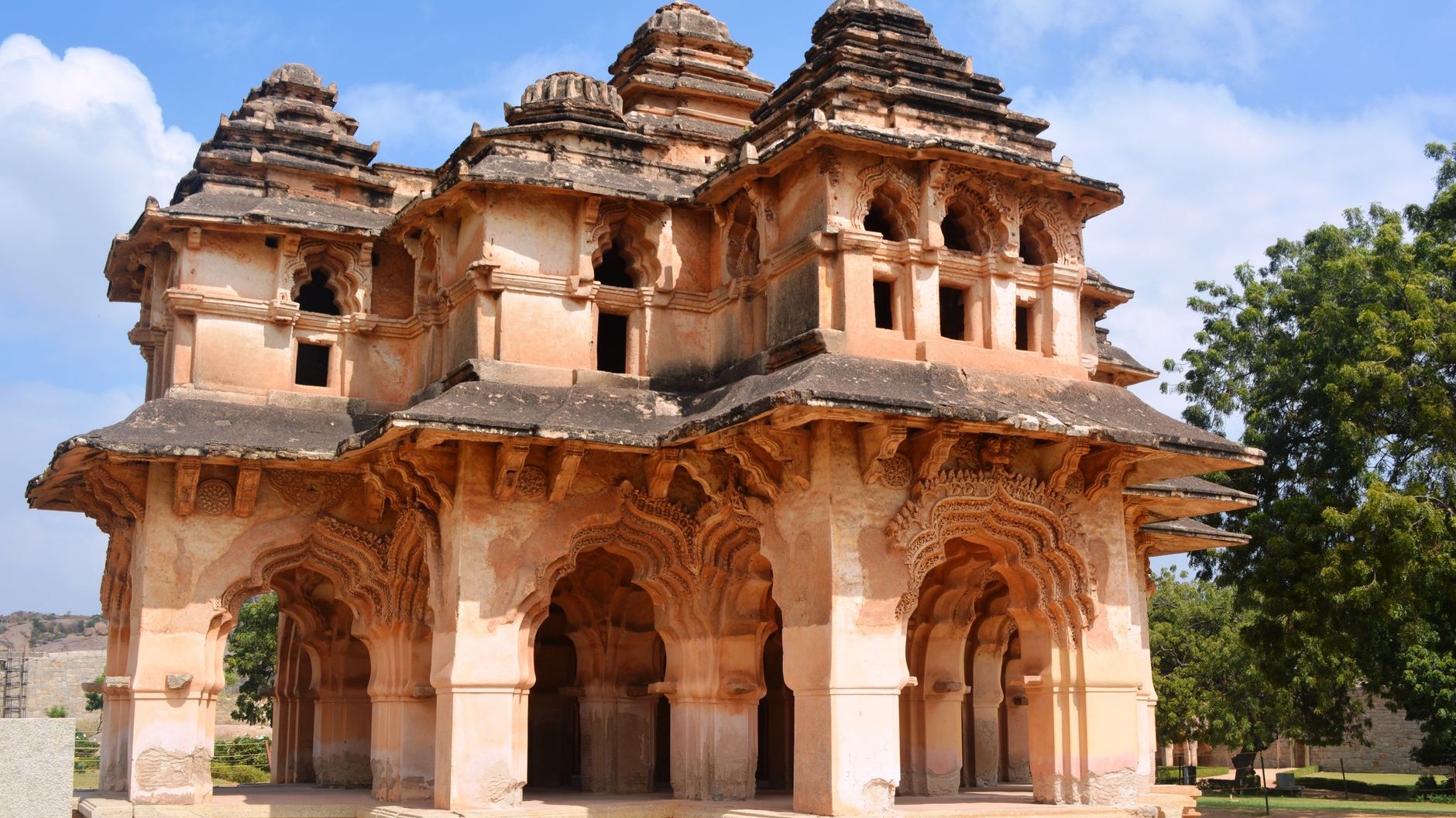The Lotus Mahal in Hampi, a symmetrical pavilion of petal-shaped Indo-Islamic arches