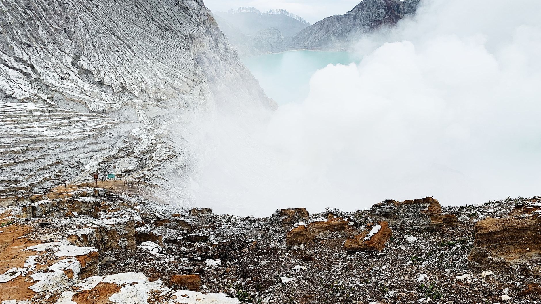 The rocky descent trail into the crater of Kawah Ijen above the acid lake