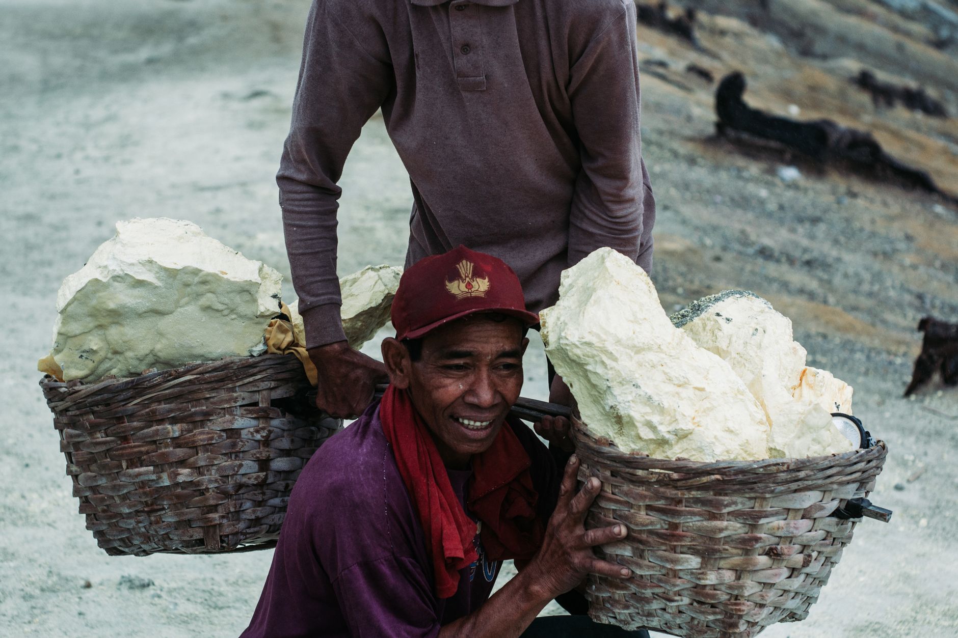 An Indonesian sulphur miner carrying a loaded basket of yellow sulphur at Kawah Ijen