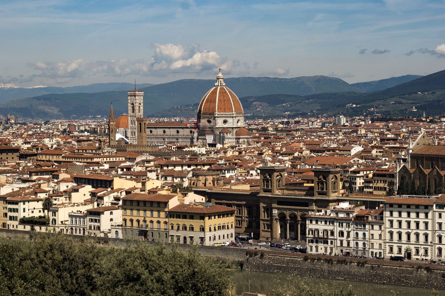 Florence from Piazzale Michelangelo, Brunelleschi's dome and Giotto's campanile rising over the terracotta roofs with the Uffizi in the foreground