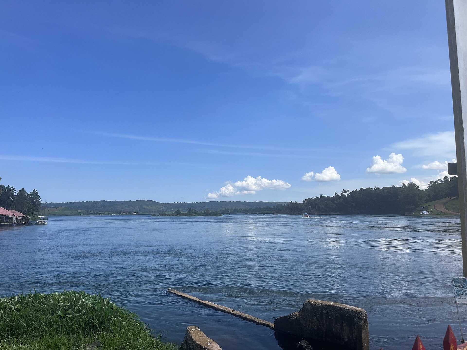 The wide, calm water where the White Nile leaves Lake Victoria at Jinja