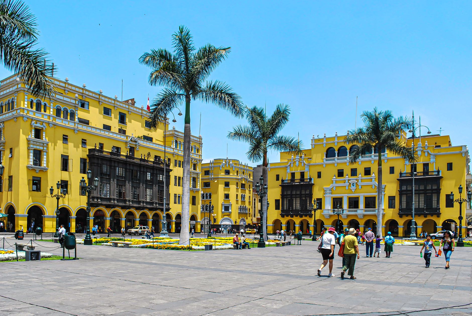 The Plaza Mayor of Lima with its yellow arcades