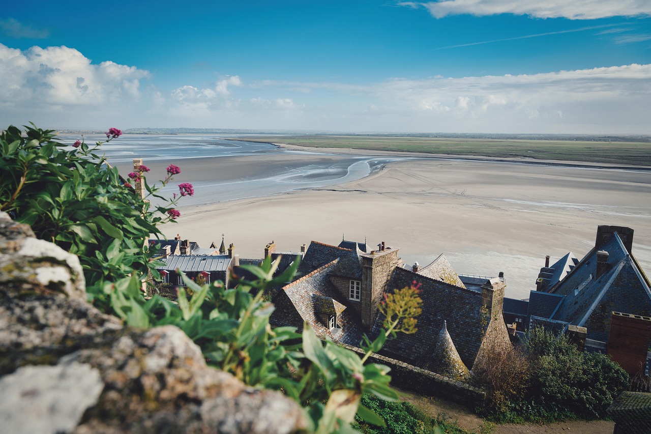 Slate rooftops of the village at Mont-Saint-Michel with the tidal flats beyond