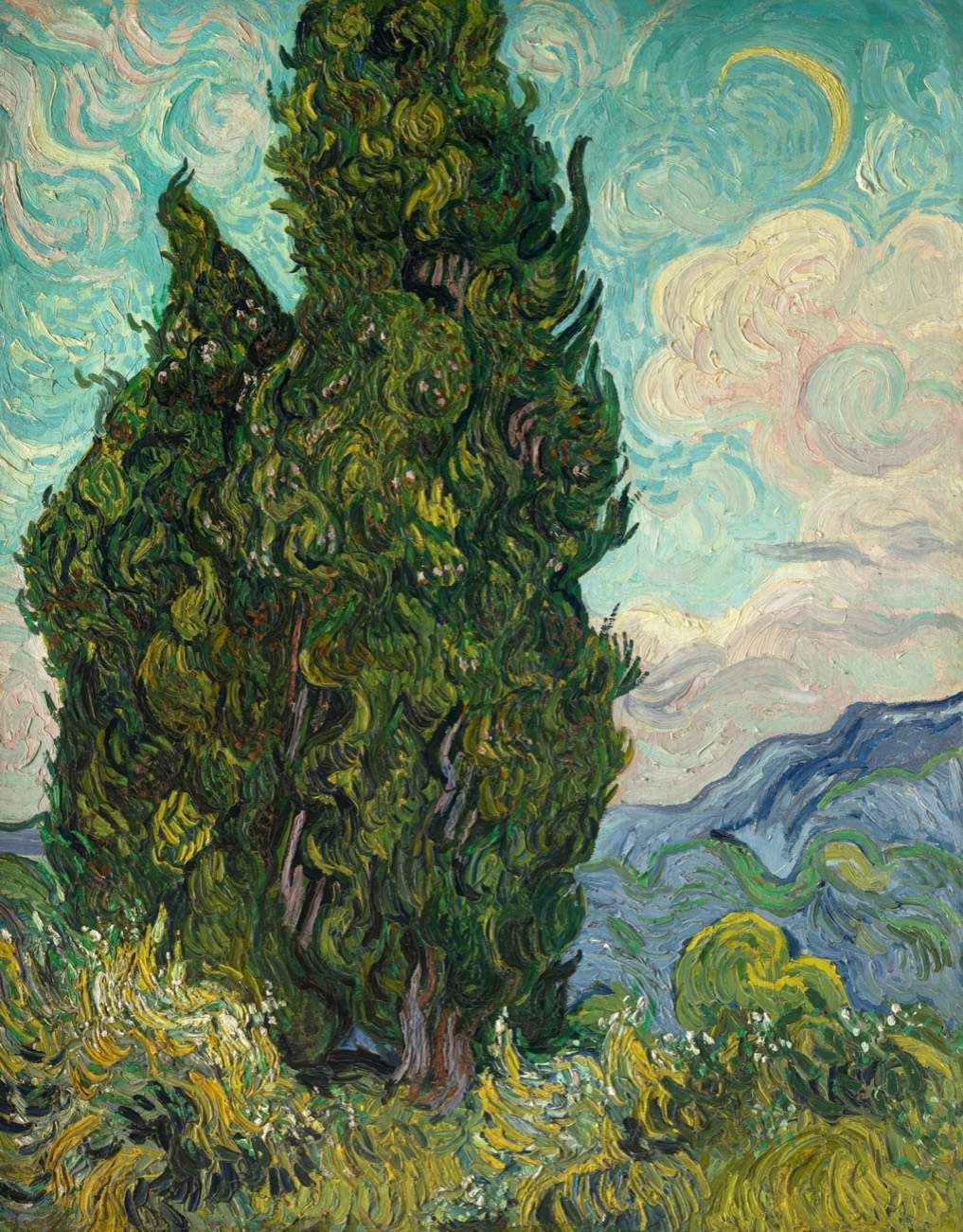 Van Gogh's painting of two swirling green cypress trees under a pale sky