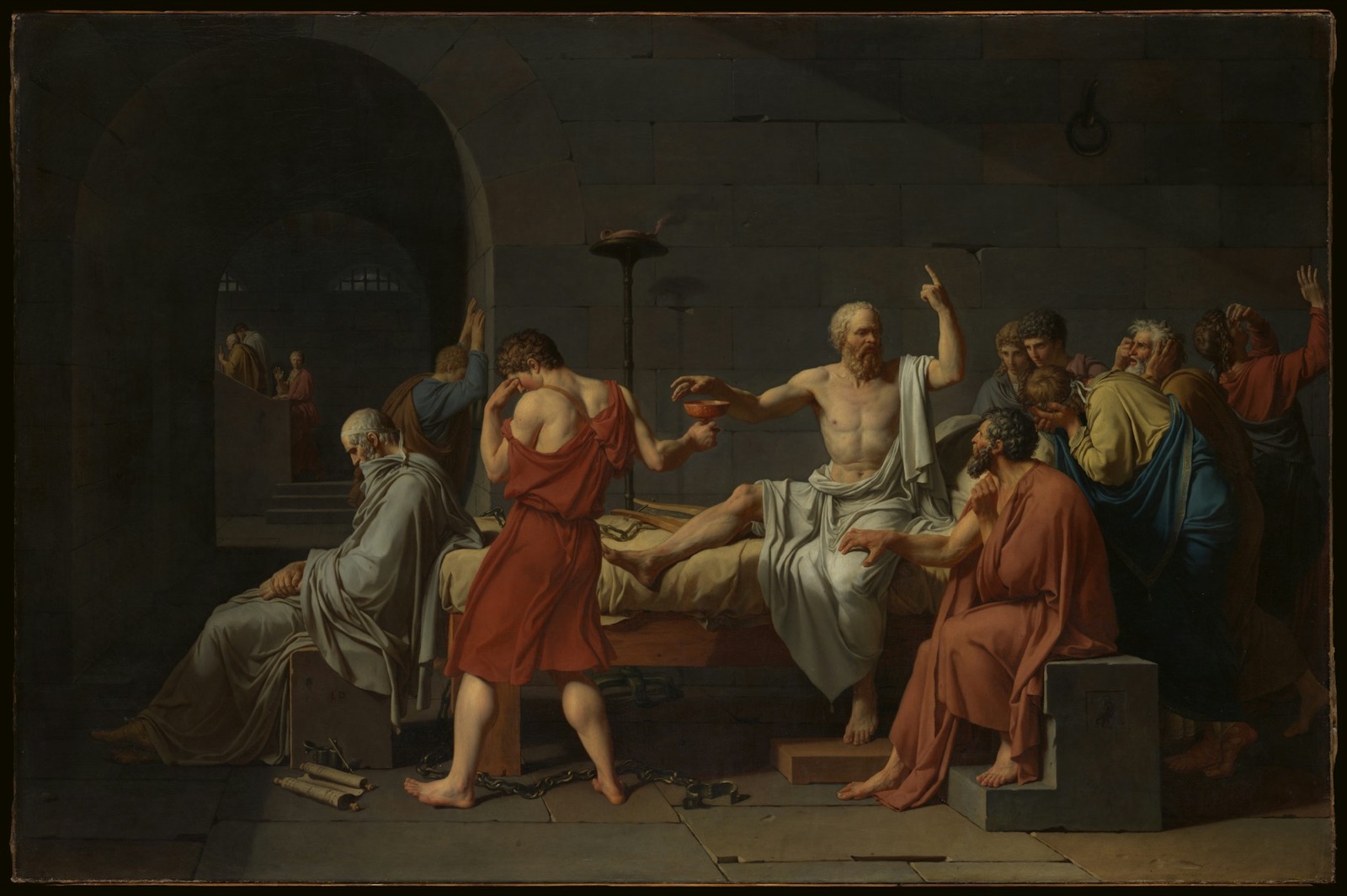David's painting of Socrates on his bed reaching for a cup, surrounded by grieving pupils