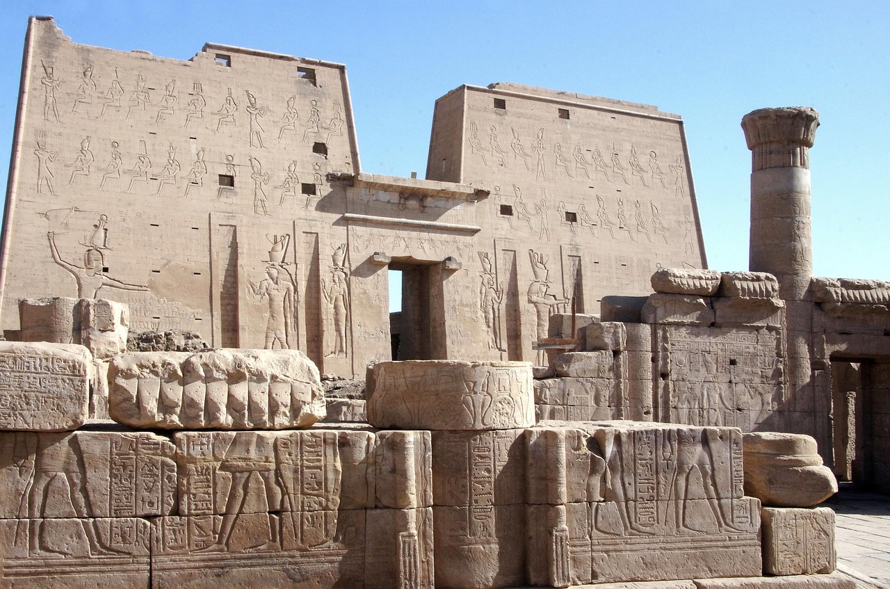 The towering pylon gateway of the Temple of Horus at Edfu