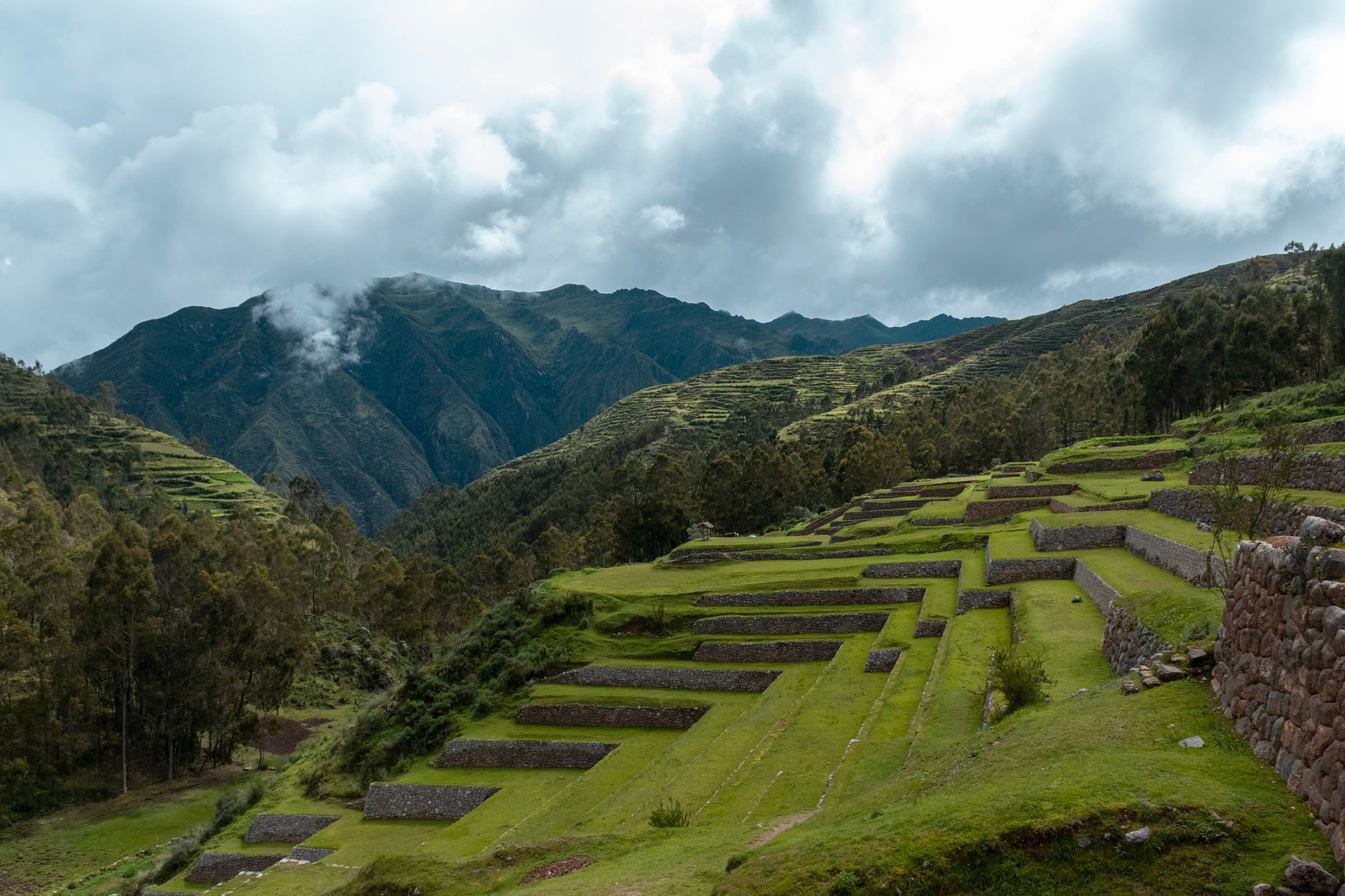 Green Inca agricultural terraces stepping down a hillside in the Sacred Valley under low cloud, with a steep mountain wall behind