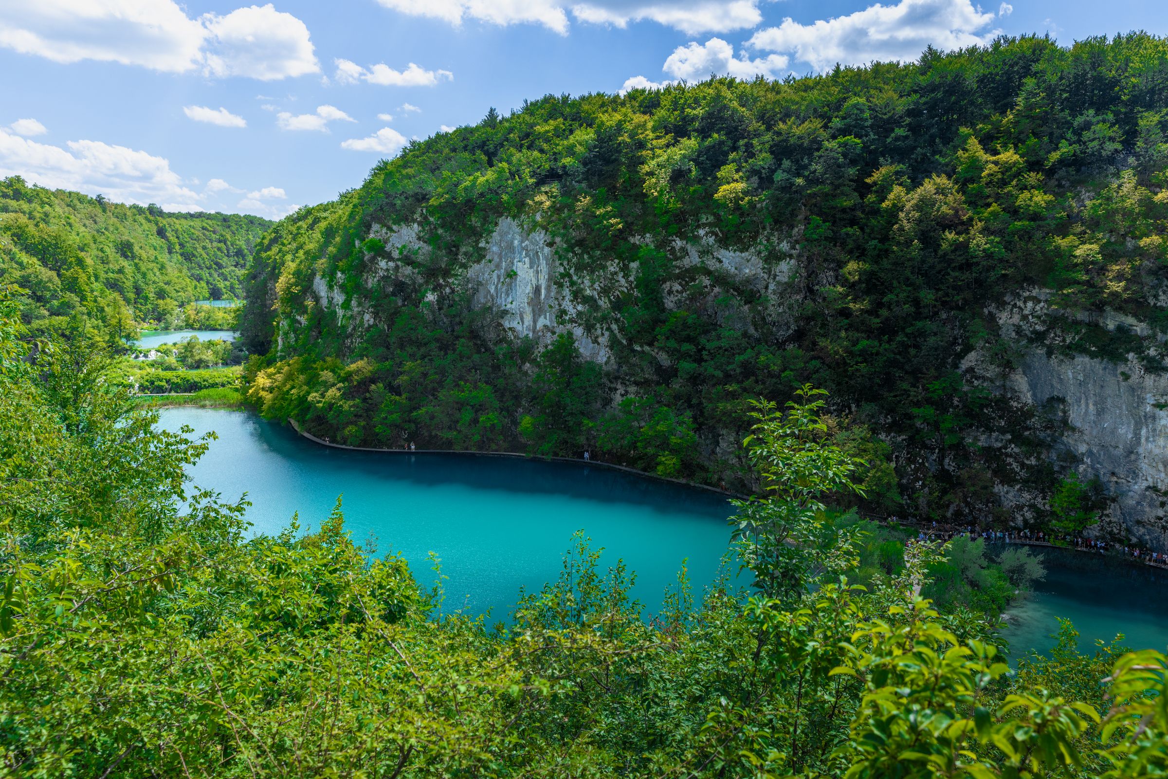 A turquoise lake winding through a green forested canyon at Plitvice, seen from above