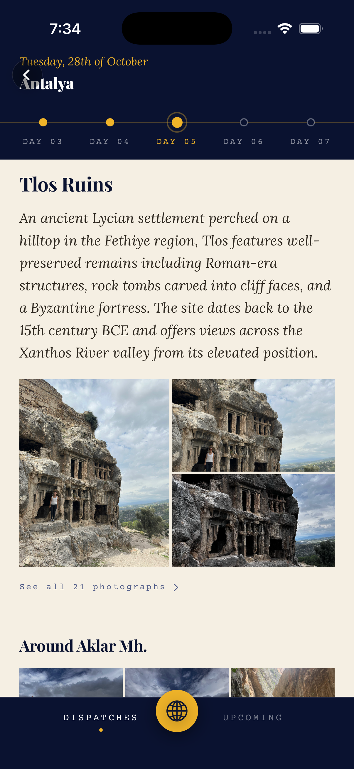 An Antalya trip page with prose and a photo grid of Tlos Ruins