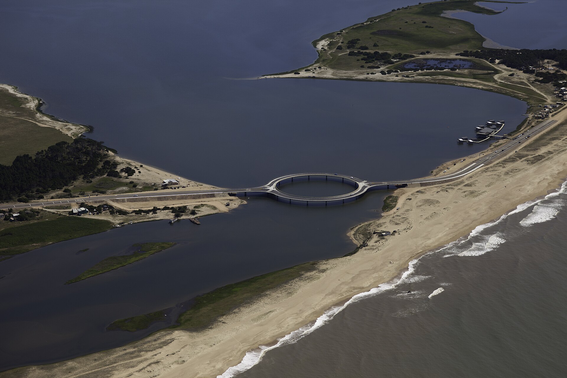 The circular Laguna Garzon bridge seen from above