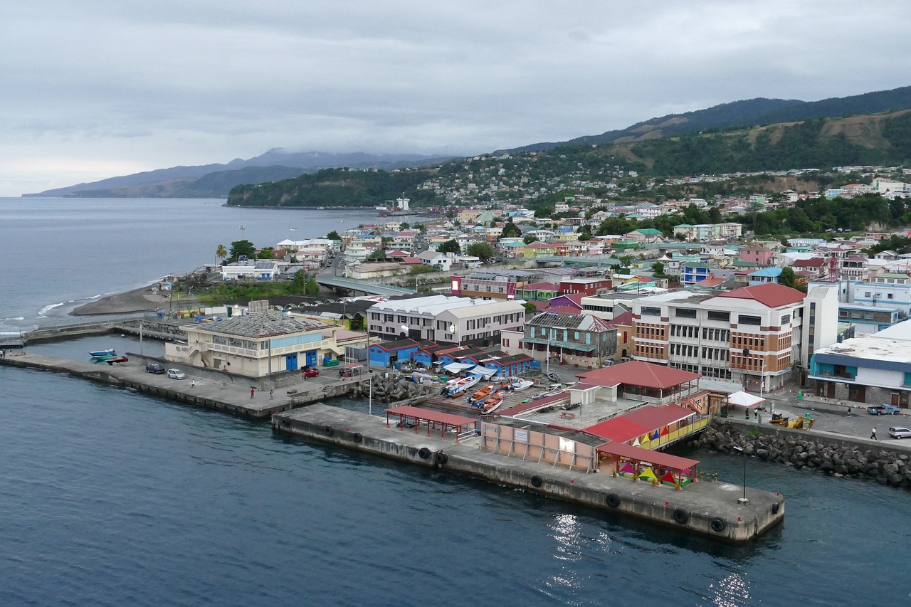 Roseau's waterfront and jetty seen from the harbour, the town's coloured roofs climbing the green hills behind and the coast running off to the left