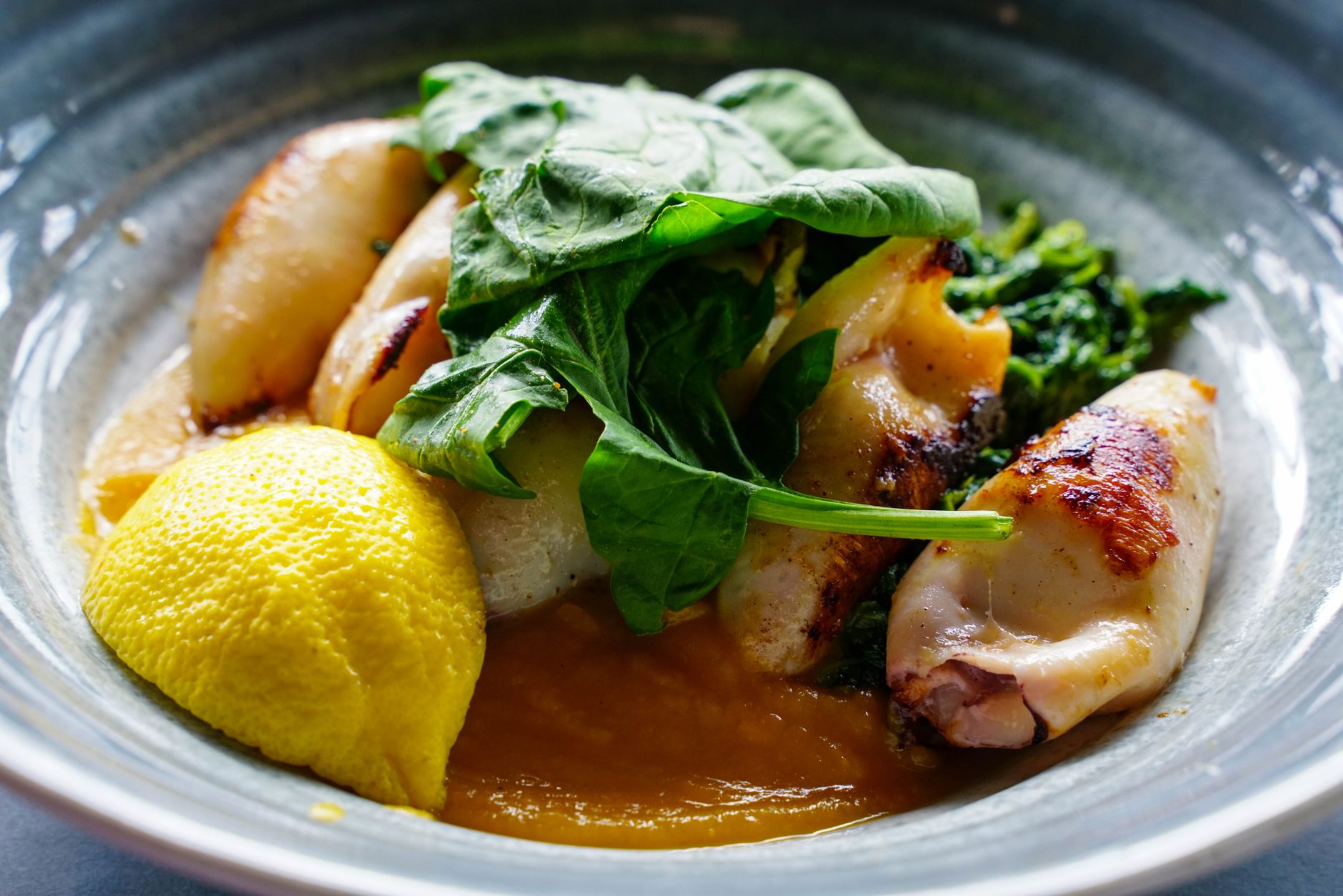 A plate of grilled squid with lemon, greens and a savoury sauce