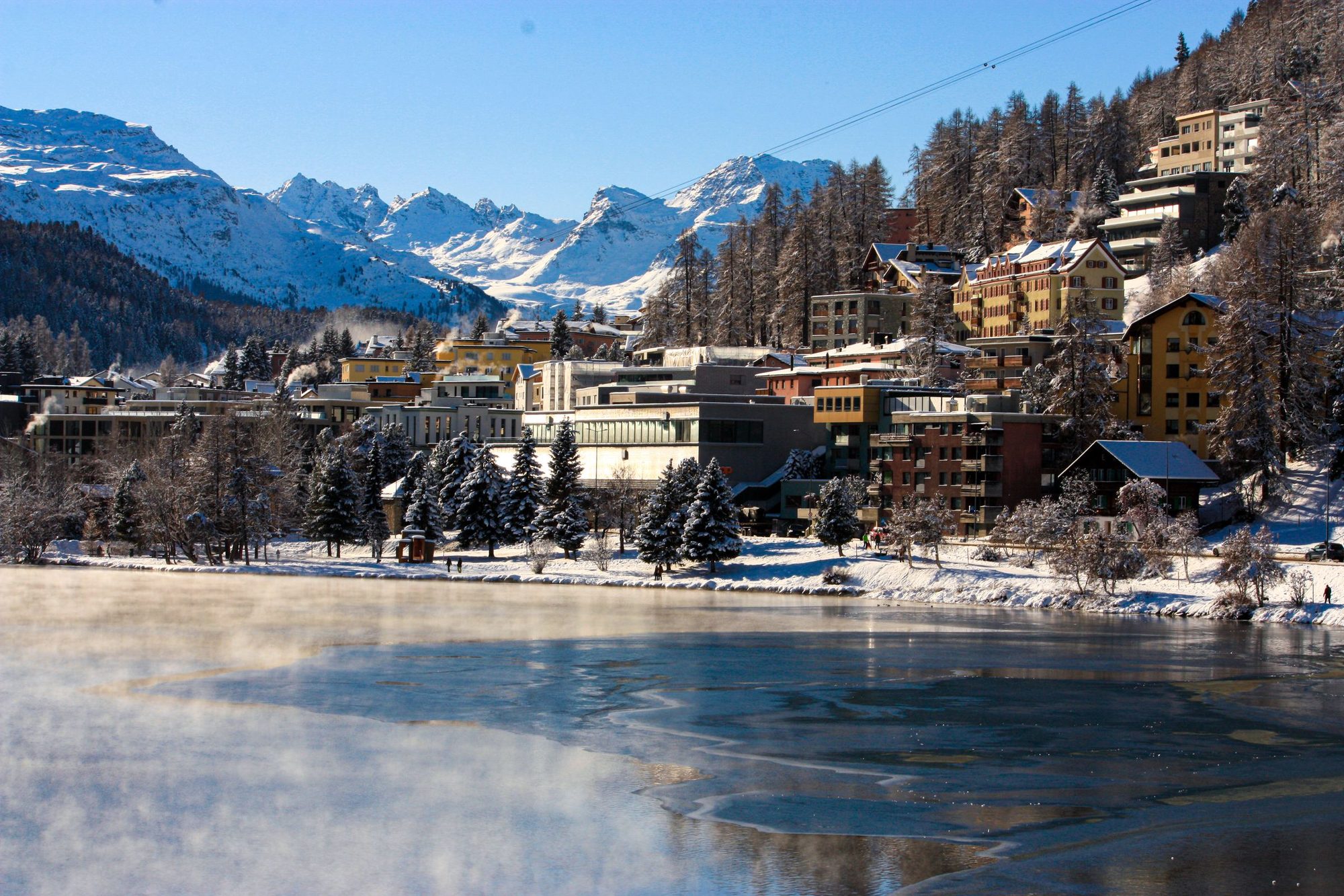 St. Moritz Dorf above the frozen lake in winter, with the Engadine peaks behind