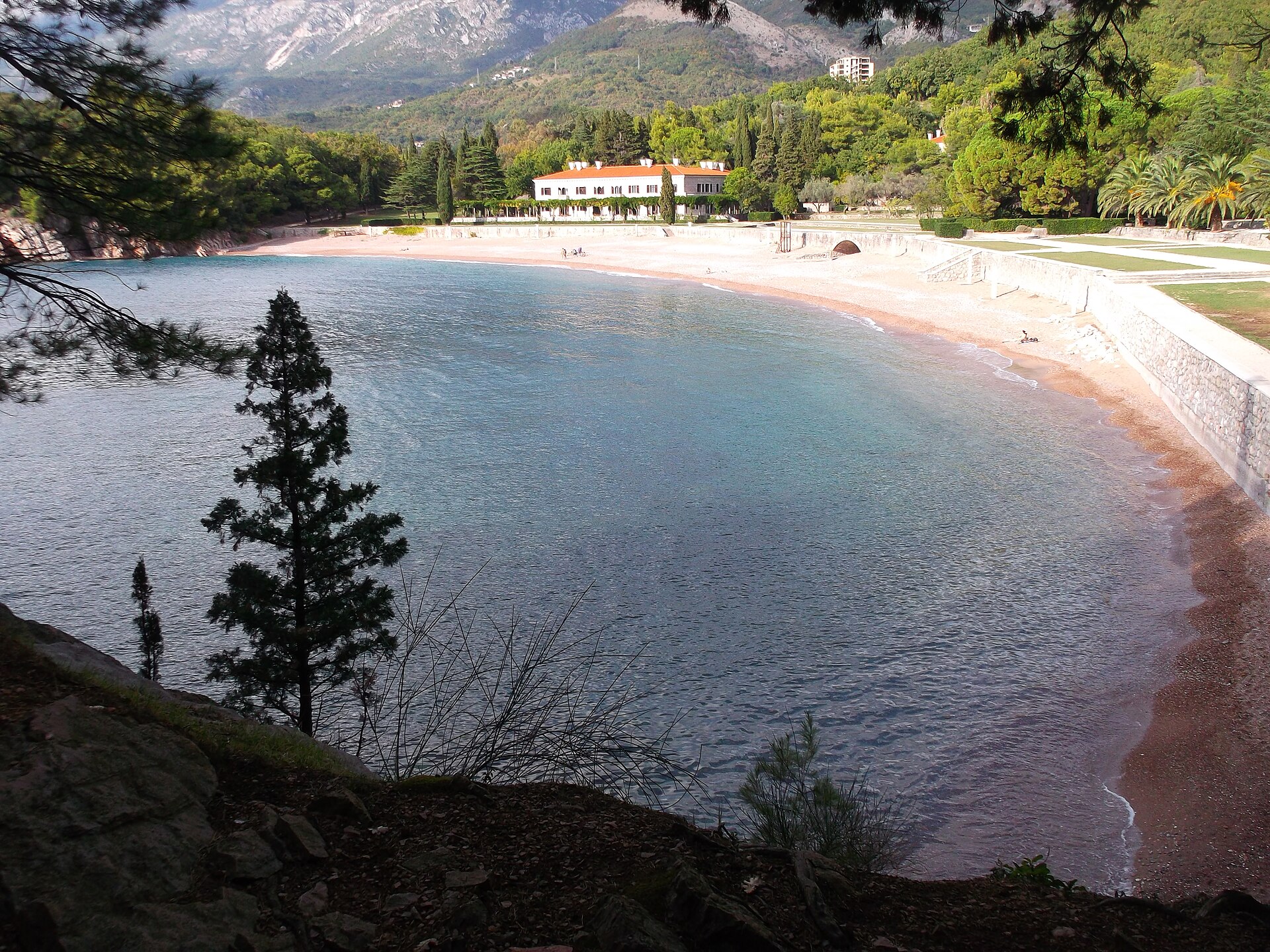 The curved beach and waterfront buildings of Pržno, Montenegro, seen through pines from the coast path