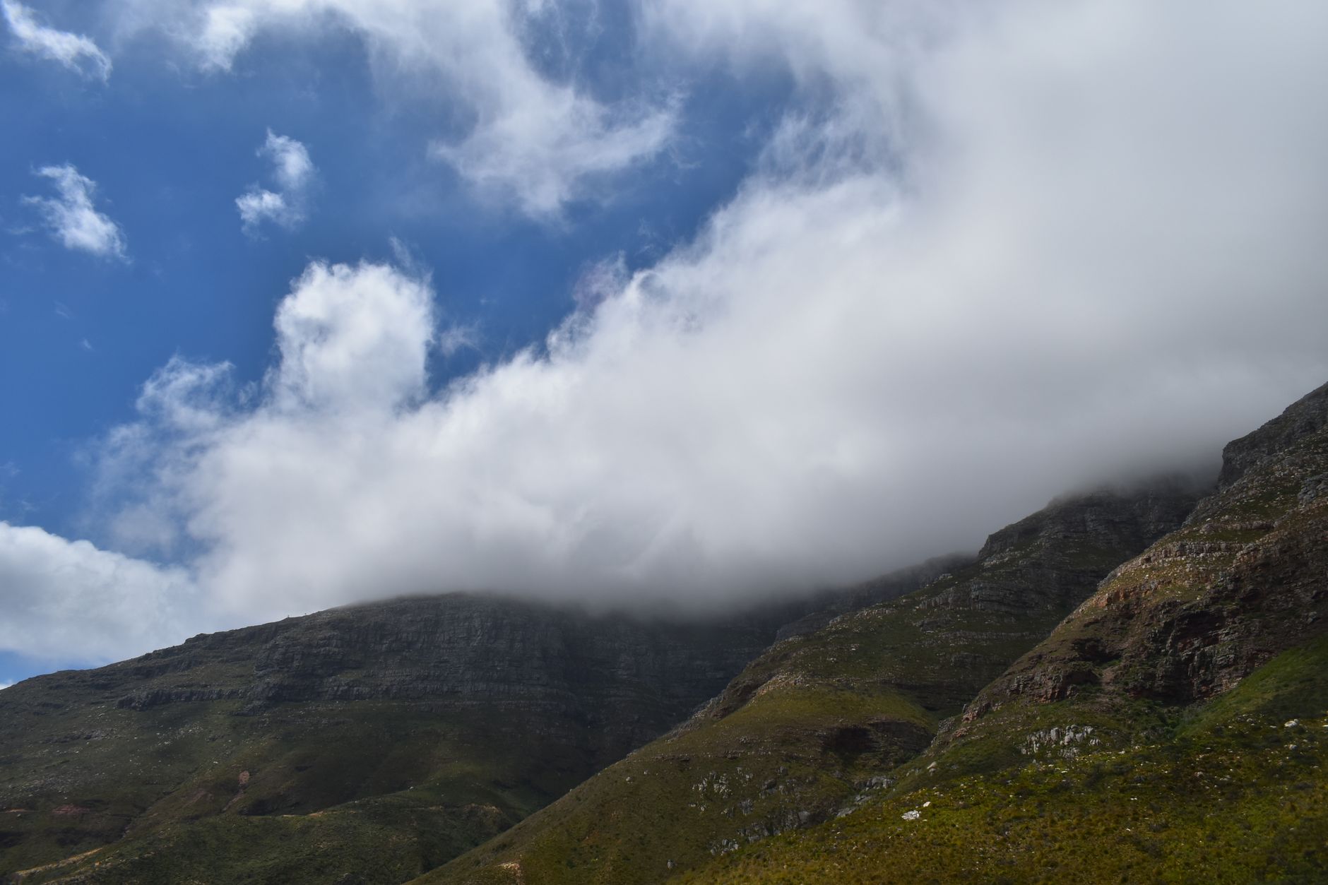 A dense bank of white cloud sitting on and overhanging a sandstone crest, the summit at the right buried in it, with green fynbos slopes below and blue sky beyond